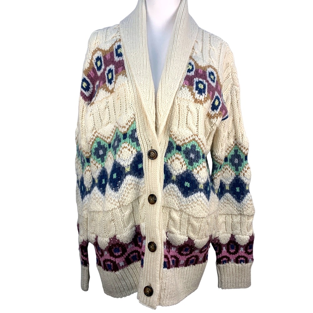 Lucky Brand Intarsia Shawl Cardigan Sweater Wool Blend Cable Knit Patterned XS